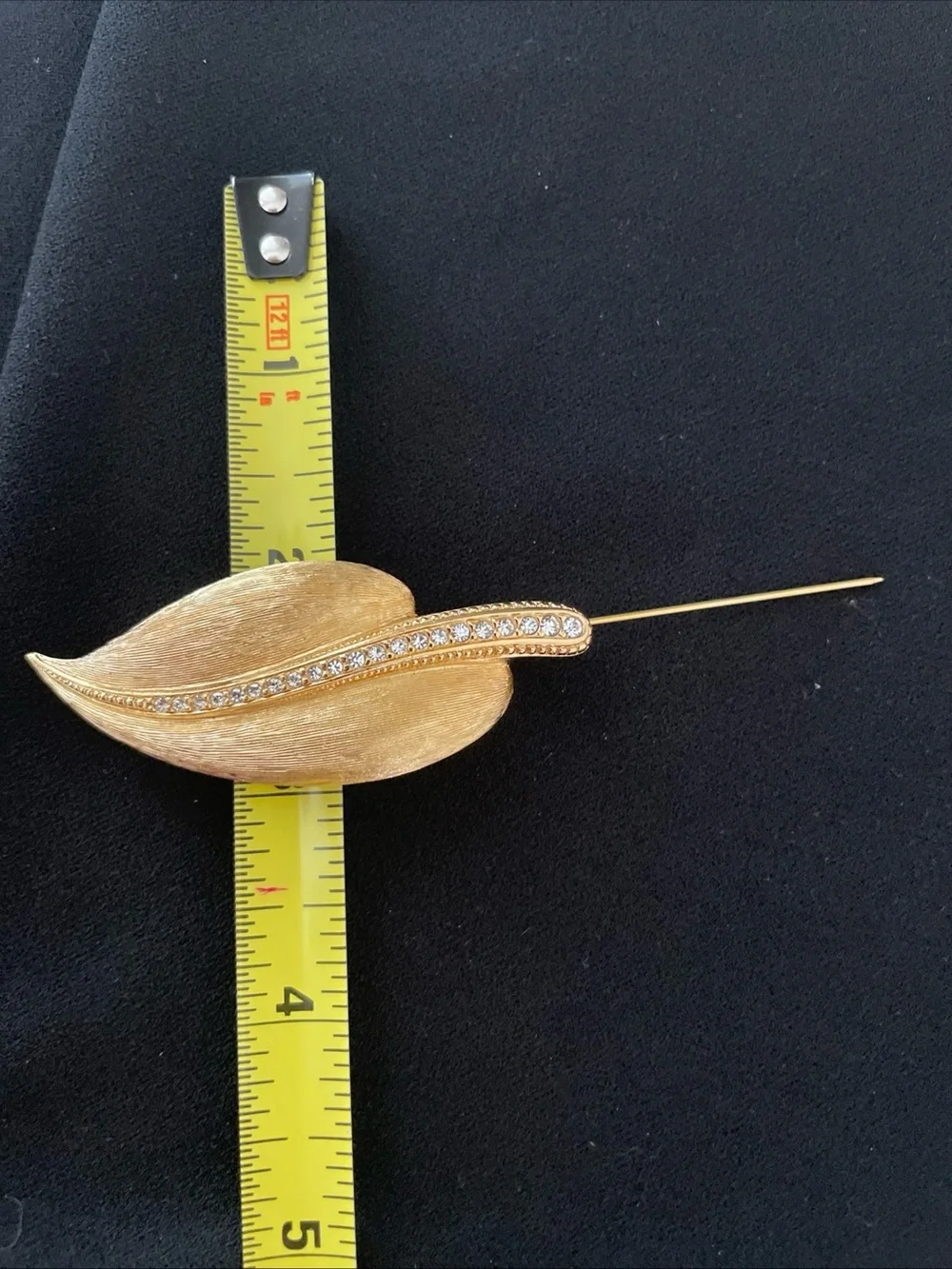 Gold Tone Rhinestone Leaf Brooch Vintage Style